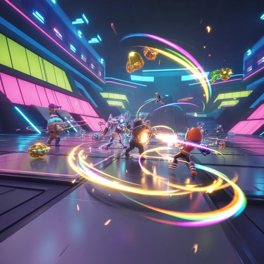 Nulls Brawl v65.165 arenası, futuristik ve renkli savaş alanı, Buffies efektleri ve kaos drop ödülleriyle stratejik oyun sahnesi 2