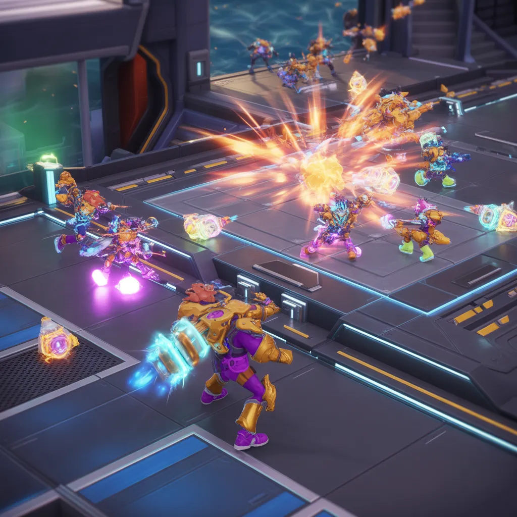 Nulls Brawl v65.165 arenası, futuristik ve renkli savaş alanı, Buffies efektleri ve kaos drop ödülleriyle stratejik oyun sahnesi 4