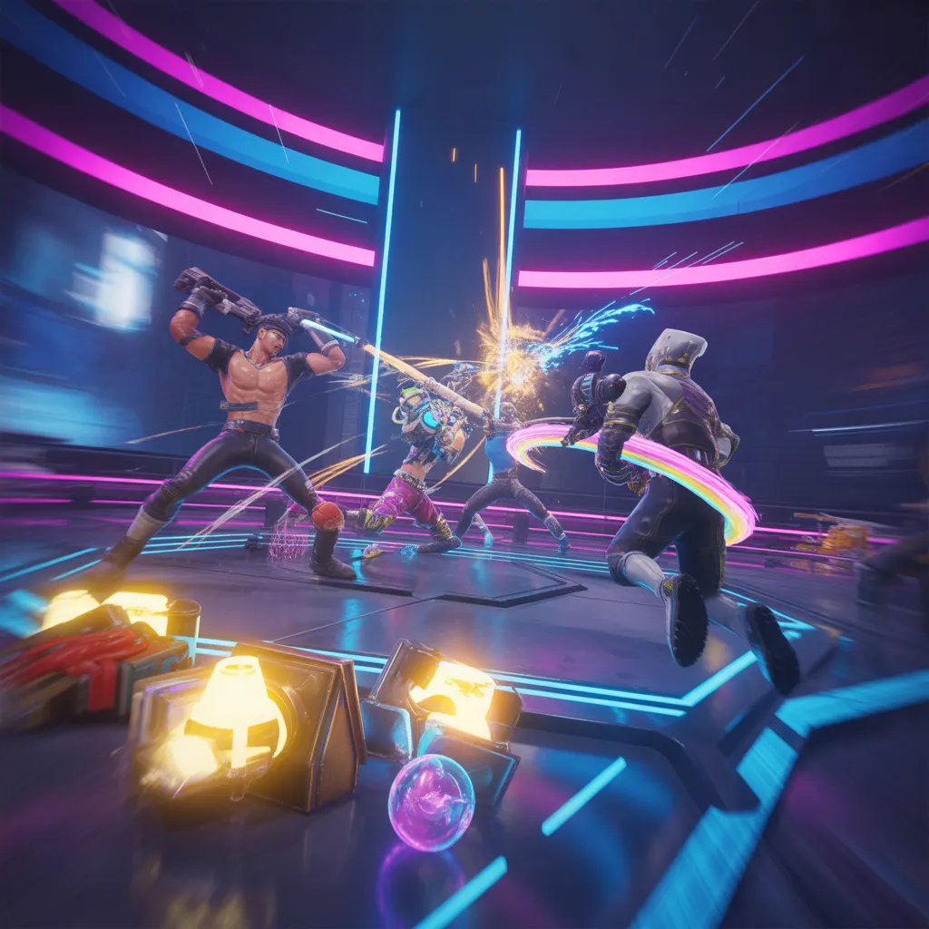 Nulls Brawl v65.165 arenası, futuristik ve renkli savaş alanı, Buffies efektleri ve kaos drop ödülleriyle stratejik oyun sahnesi