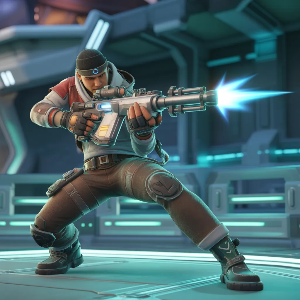 Nulls Brawl v65.165 güncellemesinde Pierce karakteri uzun menzilli nişancı olarak aksiyon sahnesinde, stratejik mavi mermi efektleriyle 2