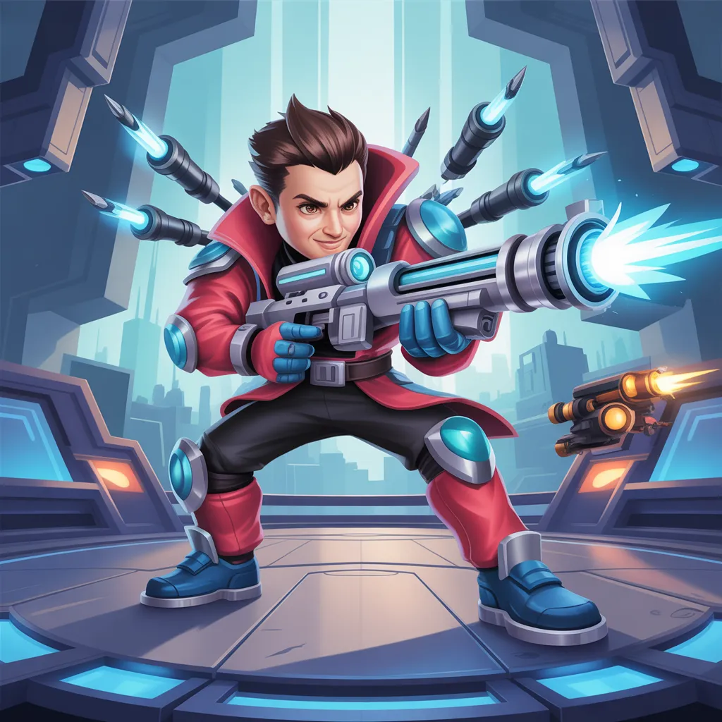 Nulls Brawl v65.165 güncellemesinde Pierce karakteri uzun menzilli nişancı olarak aksiyon sahnesinde, stratejik mavi mermi efektleriyle 3