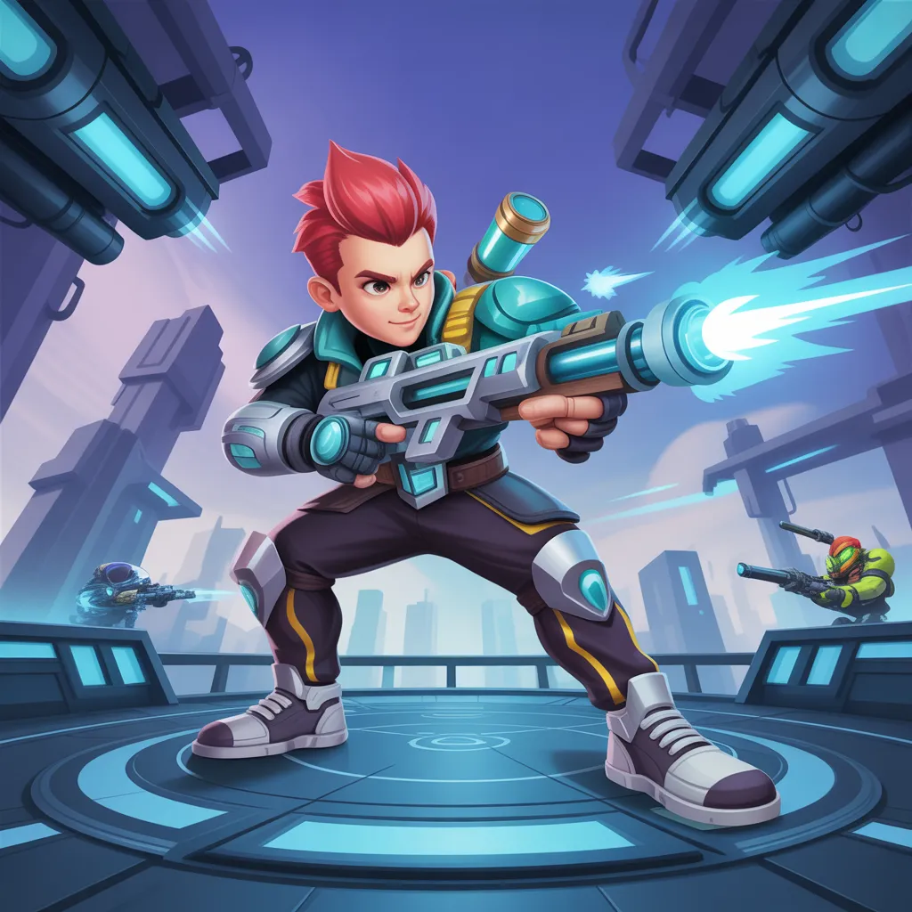 Nulls Brawl v65.165 güncellemesinde Pierce karakteri uzun menzilli nişancı olarak aksiyon sahnesinde, stratejik mavi mermi efektleriyle