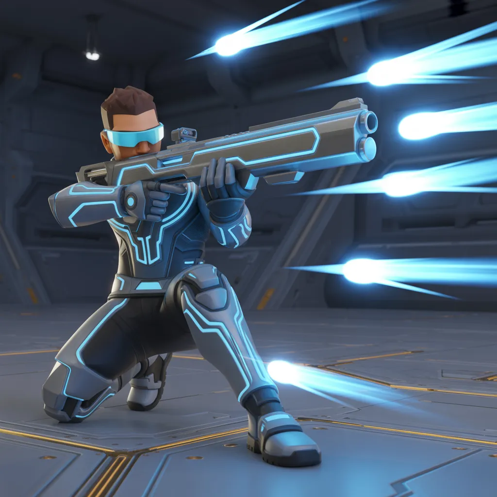 Nulls Brawl v65.165 güncellemesinde Pierce karakteri uzun menzilli nişancı olarak aksiyon sahnesinde, stratejik mavi mermi efektleriyle