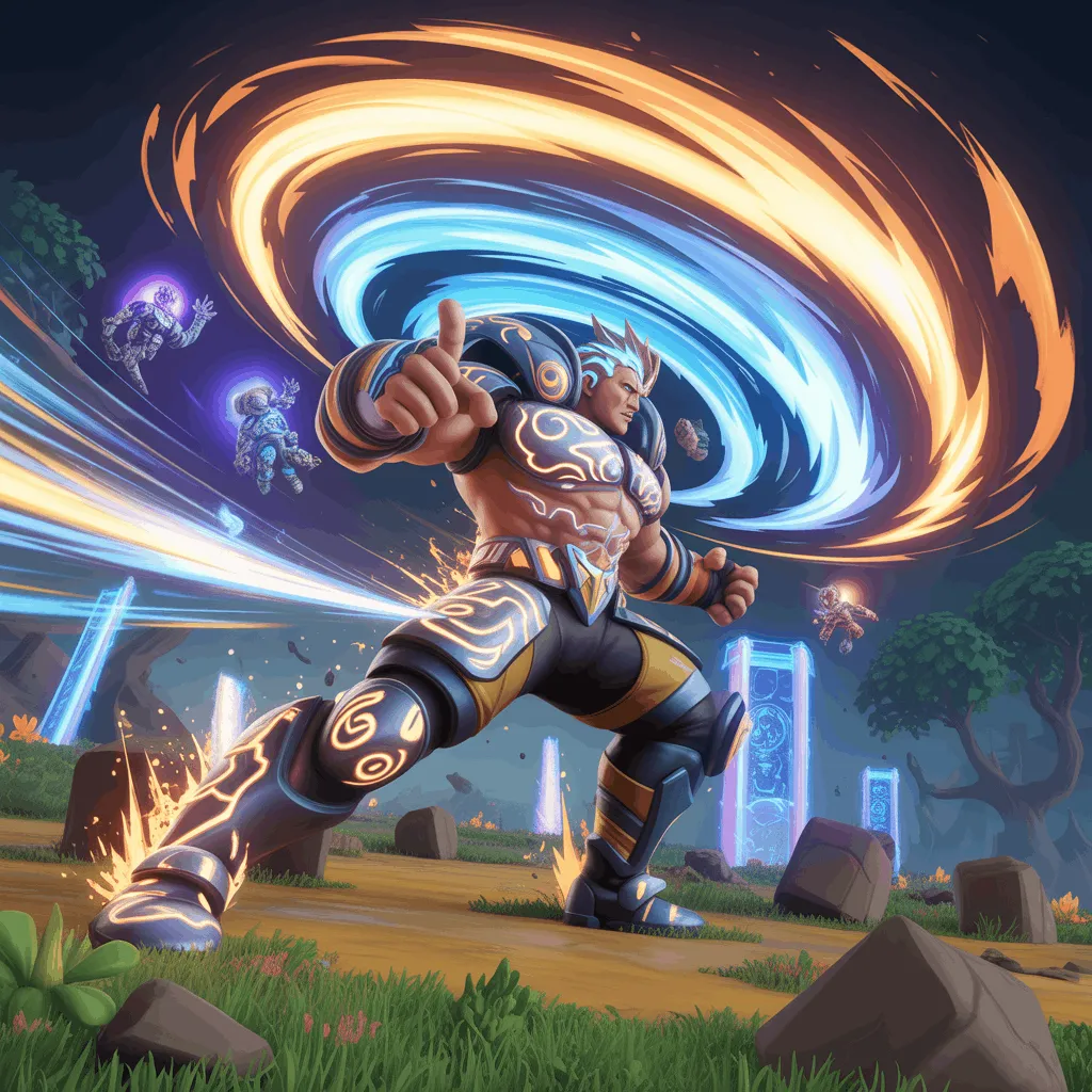 Ziggy brawler Null’s Brawl’da açık alanlarda düşmanları geri iterken, büyük girdap ve enerji efektleri ile aksiyonda.