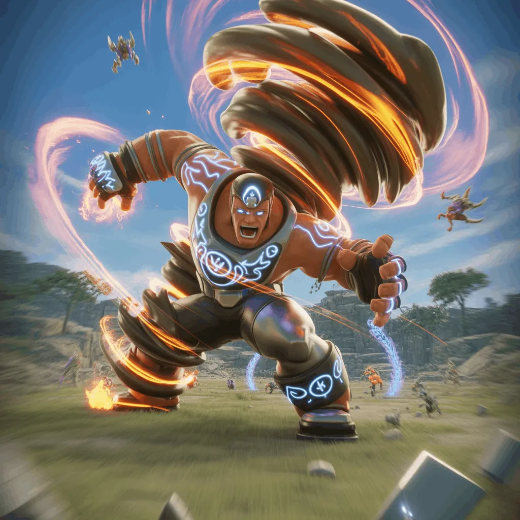 Ziggy Null’s Brawl efsanevi brawler, büyük girdap saldırısı ile açık alanda rakipleri kontrol ederken, enerji efektleri ile dramatik sahne.